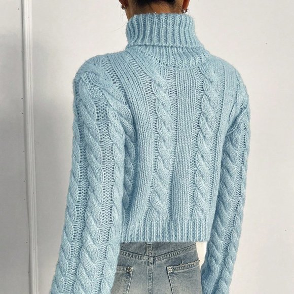 Casual Turtleneck Cable Knit Turtleneck Crop Sweater Blue - Picture 3 of 7